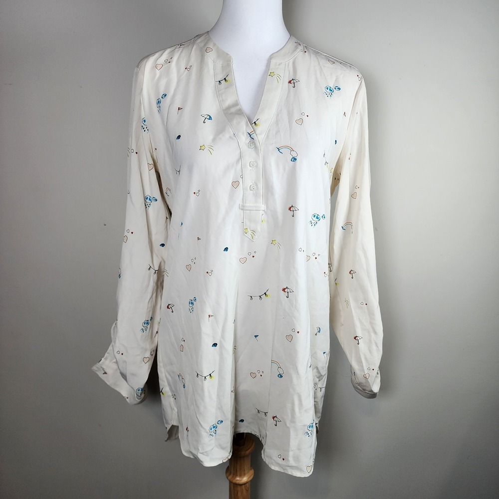 RW & Co Blouse Womens‎ Medium Weather Rain Cloud Rainbow Print Long Oversize